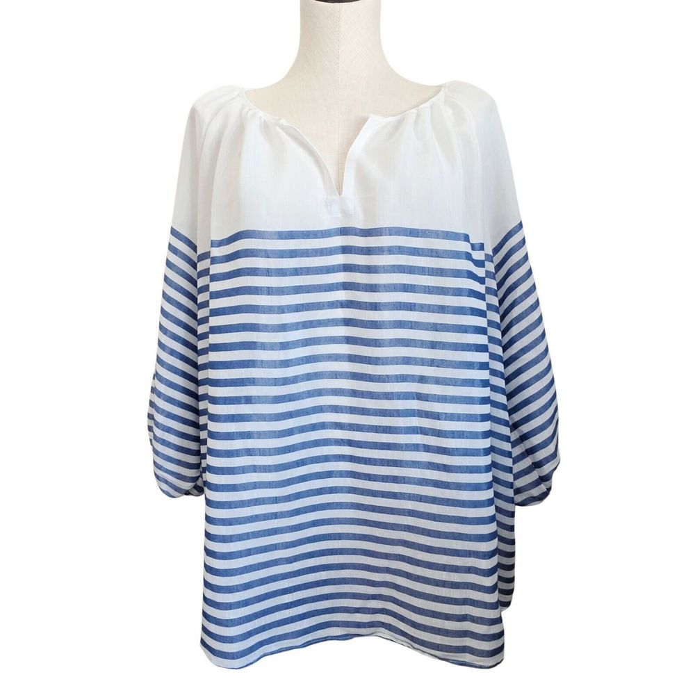 Zac & Rachel Womans Top Size 2X Blue Stripe Sheer Popover Blouse Boho Flowy